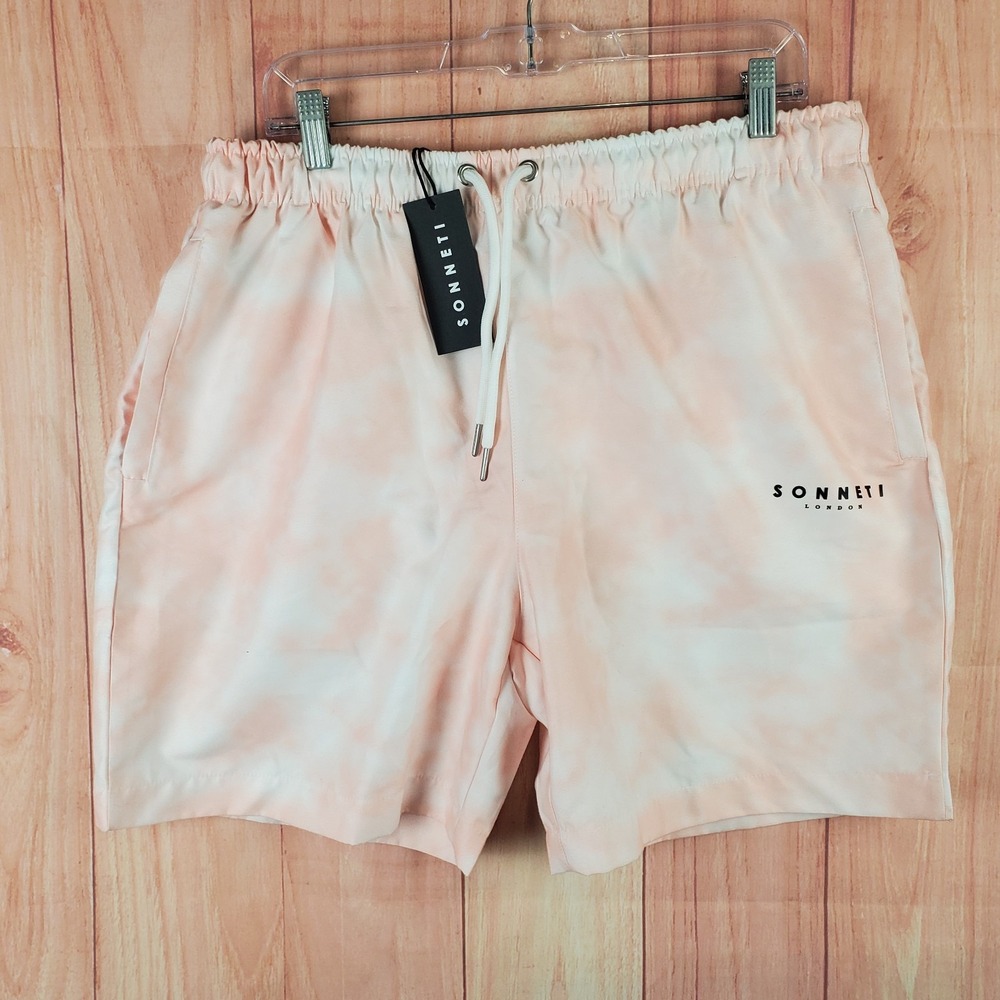 Sonneti London Swim Shorts Mens XL Pink White Tie Dye Mesh Lined Logo Drawstring